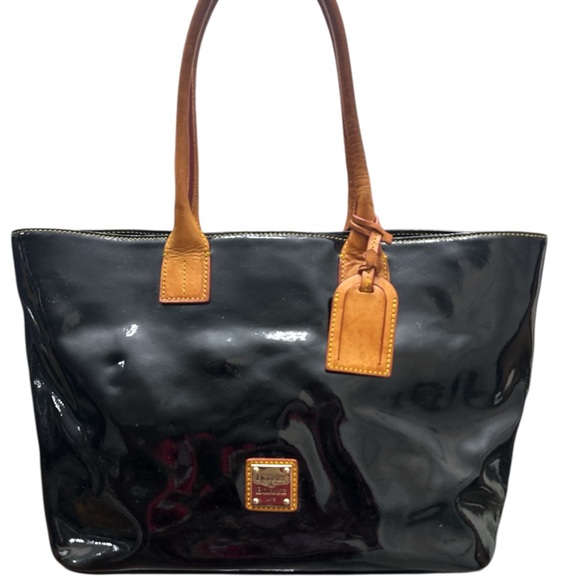 Dooney & Bourke Handbags - Dooney & Bourke Glossy Black Tote with Tan Accents
